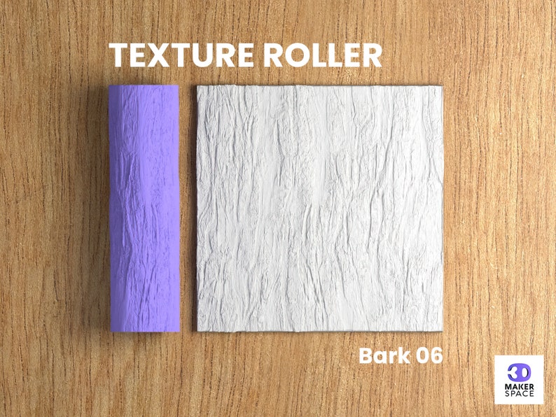 Puede incluir: Un rodillo de textura morado con un patr&oacute;n de corteza. El rodillo est&aacute; al lado de una muestra de la textura que crea, que es una superficie blanca con un patr&oacute;n de corteza. El texto "Bark 06" est&aacute; debajo de la muestra. El texto "TEXTURE ROLLER" est&aacute; en la parte superior de la imagen.