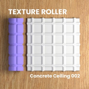 May include: A purple textured roller for creating a concrete ceiling pattern. The roller is next to a sample of the pattern, which is a white square grid. The text "Concrete Ceiling 002" is below the sample.
