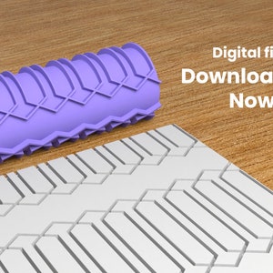 May include: A purple silicone rolling pin with a geometric pattern. The rolling pin is rolling over a white surface with the same pattern. The text "Digital file Download Now!" is in the upper right corner of the image.