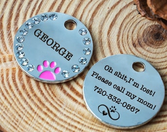 Étiquette de chien Bling, étiquette de chien personnalisée avec strass clairs, étiquette d'identification de chien, nom d'identification d'animal de compagnie personnalisé gravé sur mesure, étiquette de nom de chat, étiquette de collier d'animal de compagnie