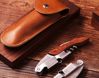 Personalized Wood Corkscrew with PU Leather Cover,Custom Engraved Wine Bottle Opener,Wine Corkscrew,Groomsman bottle openers,Brithday Gifts