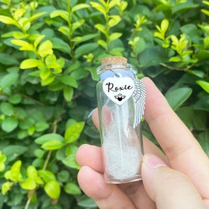Könnte beinhalten: Eine kleine Glasflasche mit einem Korkverschluss und einem silbernen Herzanhänger mit dem eingravierten Namen "Roxie". Der Anhänger ist an einem silbernen Engelsflügel-Anhänger befestigt. Die Flasche ist mit weißem Fell gefüllt.