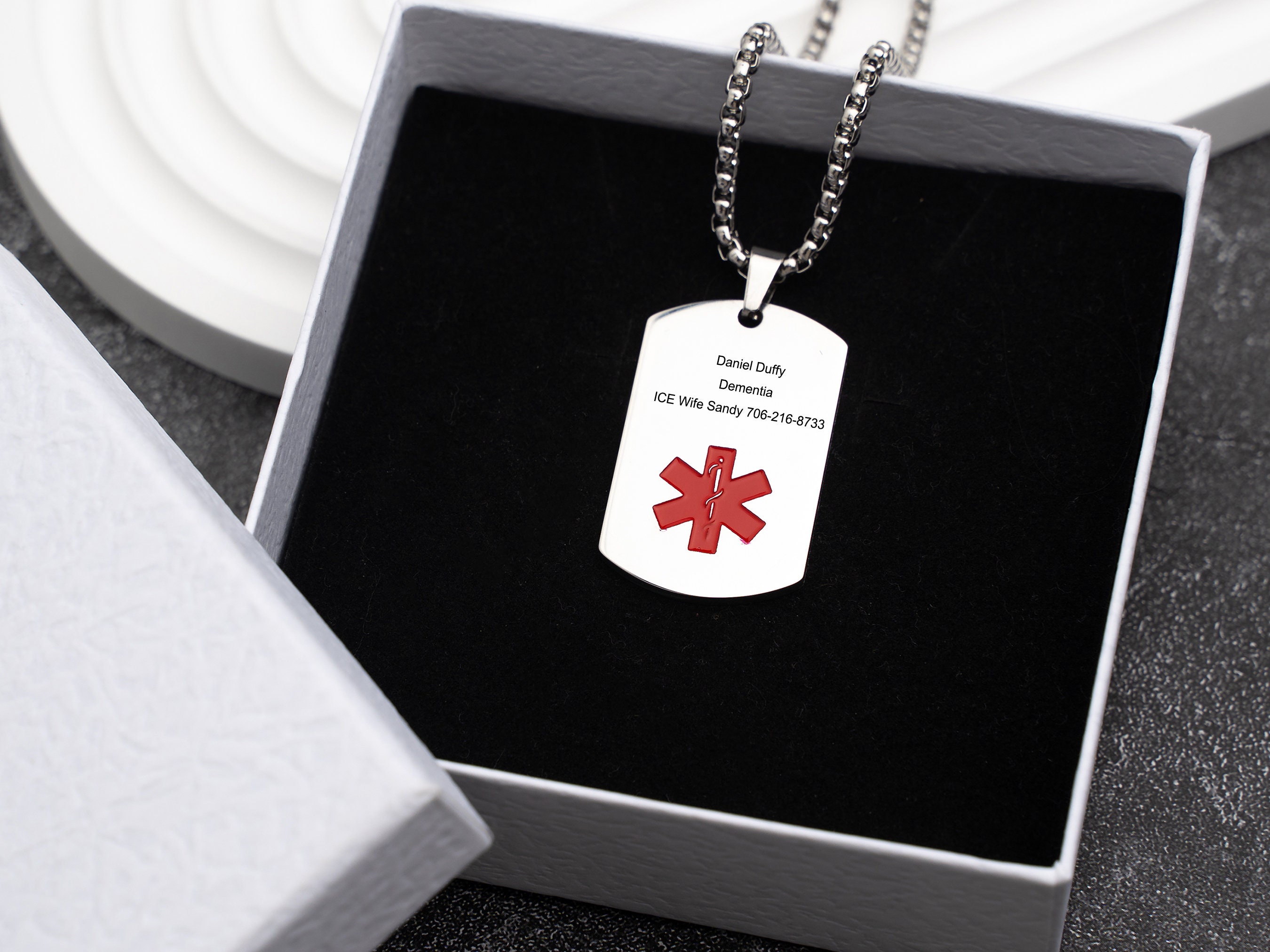 Collier D'Alerte Médicale Personnalisable - Acier Inoxydable, Gravure Sur 3 Lignes, Chaîne 45+5 Cm, Pour Urgences Médicales