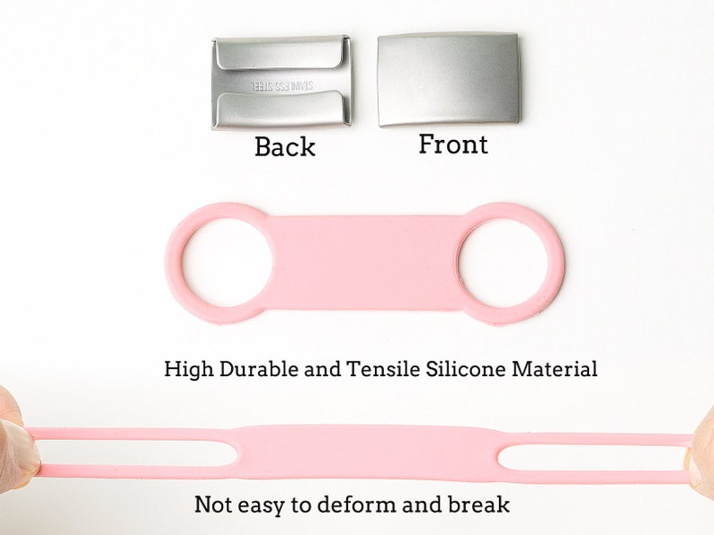 May include: Pink silicone strap with two loops, designed to be durable and resistant to deformation. The strap is shown being stretched, demonstrating its flexibility. The text "High Durable and Tensile Silicone Material" and "Not easy to deform and break" is visible below the strap.