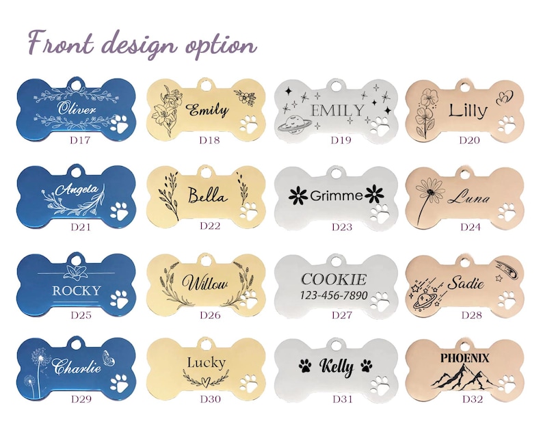 May include: A collection of dog tags in various colors and designs. Each tag is bone-shaped and features a name, paw prints, and decorative elements. The tags are in blue, gold, silver, and rose gold.