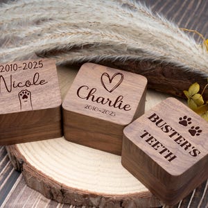 May include: Three square wooden boxes with engraved text and designs. One box reads "Nicole" with a paw print, another says "Charlie" with a heart, and the third says "Buster's Teeth" with paw prints. The boxes are on a wooden slice.