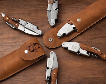 Personalized Wood Corkscrew with PU Leather Case, Custom Engraved Wine Opener, Groomsman Gift, Father's Day, Wedding, Birthday Present