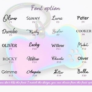 Puede incluir: Un gr&aacute;fico de 20 opciones de fuentes diferentes para etiquetas de mascotas. Las fuentes se muestran con varios nombres, como Oliver, Sunny, Luna y Petter. El gr&aacute;fico est&aacute; sobre un fondo blanco con un degradado rosa y azul.