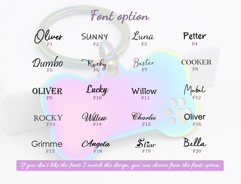 Puede incluir: Un gr&aacute;fico de 20 opciones de fuentes diferentes para etiquetas de mascotas. Las fuentes se muestran con varios nombres, como Oliver, Sunny, Luna y Petter. El gr&aacute;fico est&aacute; sobre un fondo blanco con un degradado rosa y azul.