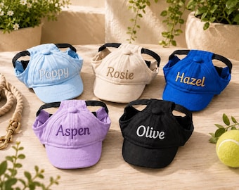 Custom Dog Hat with Embroidered Name, Personalized Pet Baseball Cap with Ear Holes, Adjustable Dog Sun Visor Gift