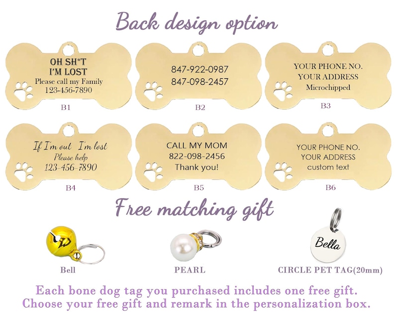 May include: Gold-colored bone-shaped pet tags with various engraved messages and paw prints. Options include contact information and phrases like "I'm lost." The image also shows a bell, a pearl charm, and a circle pet tag as free matching gifts.