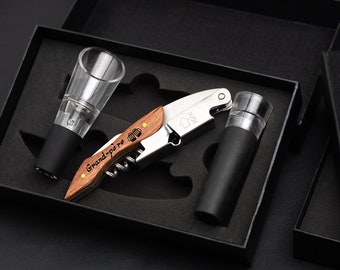 Juego de abridor de sacacorchos grabado (sacacorchos, tapón, vertedor decantador), caja de herramientas para vino, sacacorchos de madera personalizado, regalo para amantes del vino, regalos de cumpleaños