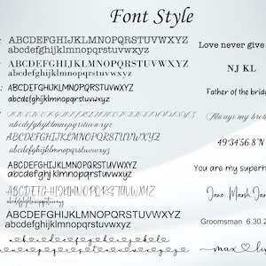May include: A font style chart displaying nine distinct typeface options labeled F1 through F9. Each entry shows the full uppercase and lowercase alphabet, accompanied by a sample phrase such as Love never give up, NJ KL, Father of the bride, Always my brother, 49&deg;34'56.8"N, You are my superhero, Jane Marsh Jarsen, Groomsman 6.30.2023, and max heart lisa.