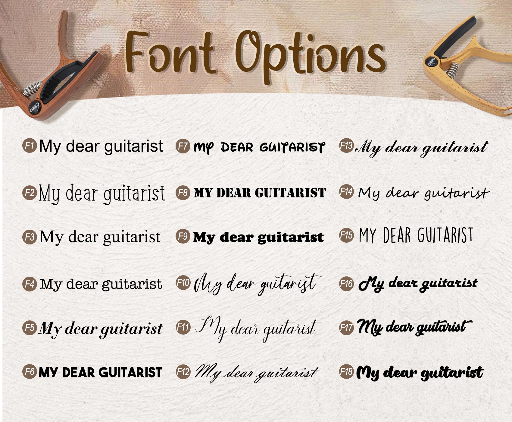 Personalized Wood Grain or Metal Guitar Capo,Custom Engraved guitar Lover Gift,Fathers Day Guitar Gift,Musician Gift Idea,Guitar Player Gift