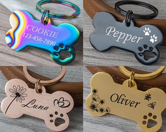 Rainbow Stainless Steel Dog Tag, Bone Dog Tag, Custom ID Tag, Personalized Outdoor Dog Tag, Engraved Pet Tag,Cat tag,Dog Tag Personalized