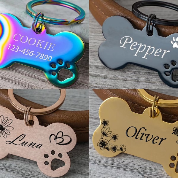 Regenbogen-Edelstahl-Hundemarke, Knochen-Hundemarke, individuelle ID-Marke, personalisierte Outdoor-Hundemarke, gravierte Haustiermarke, Katzenmarke, Hundemarke personalisiert