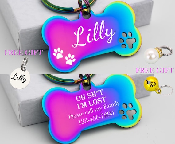 Bone Dog Tag,Custom Dog Tag,Puppy Tag,Personalized Dog Tag for Dogs Cat,Personalized Pet ID,Engraved Dog Name Tag,Rainbow Collar Tag