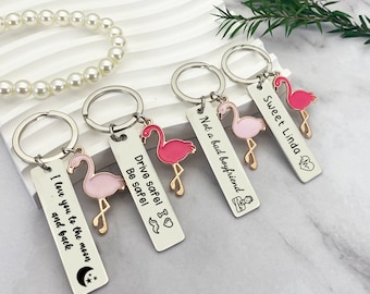 Personalized Keychain,Engraved Flamingo Keychain,Stainless Steel Keychain,Keyring,Custom Keychain,Metal Drive Safe Keychain, Christmas Gift