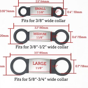 May include: Three silver dog tags with black rubber loops. The tags are labeled "SMALL 1 1/8", "MEDIUM 1 1/8", and "LARGE 1 1/8". Each tag has measurements in inches and millimeters.