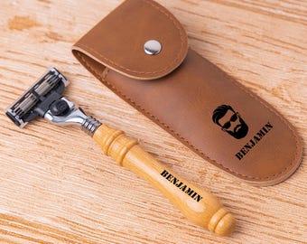Kit de afeitado para hombre con grabado personalizado: maquinilla de afeitar de seguridad con mango de madera, brocha de afeitar y soporte, regalo perfecto para papá, padrinos de boda, regalo del Día del Padre.