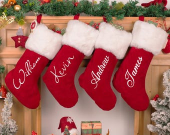 2025 Red Velvet Christmas Stocking with Names,Personalized Red Plush Family Christmas Stockings for a Memorable Holiday Custom Name Decor