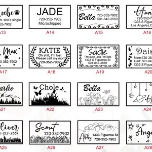 Puede incluir: Un conjunto de 28 etiquetas de identificaci&oacute;n para mascotas en blanco y negro con diferentes dise&ntilde;os y texto. Las etiquetas incluyen nombres como Phoebe, Max, Bella, Hunter, Sadie, Daisy, Charlie, Chloe, Oliver, Scout, Abby y Angel. Cada etiqueta tiene un n&uacute;mero de tel&eacute;fono y algunas incluyen una direcci&oacute;n.