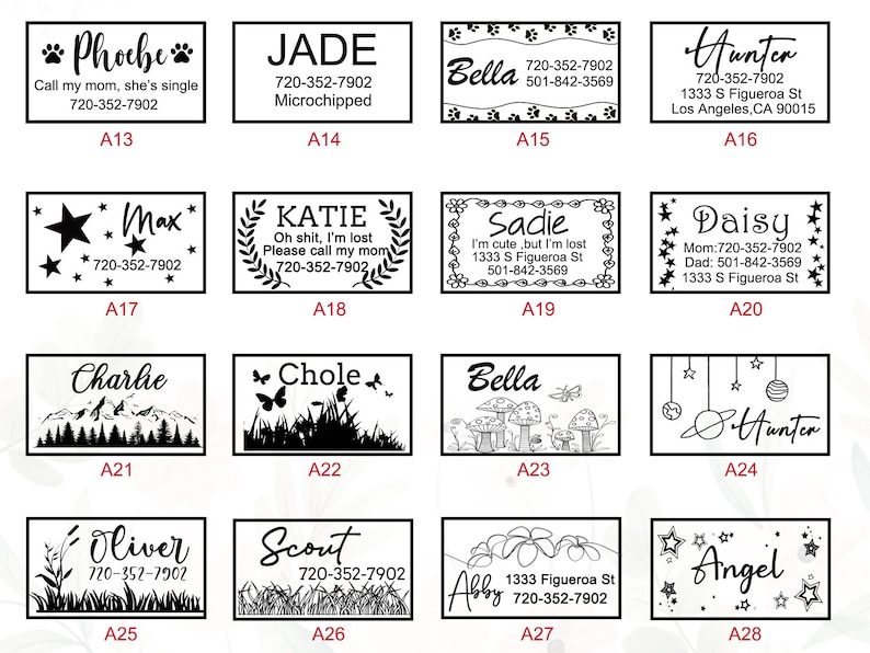 Puede incluir: Un conjunto de 28 etiquetas de identificaci&oacute;n para mascotas en blanco y negro con diferentes dise&ntilde;os y texto. Las etiquetas incluyen nombres como Phoebe, Max, Bella, Hunter, Sadie, Daisy, Charlie, Chloe, Oliver, Scout, Abby y Angel. Cada etiqueta tiene un n&uacute;mero de tel&eacute;fono y algunas incluyen una direcci&oacute;n.