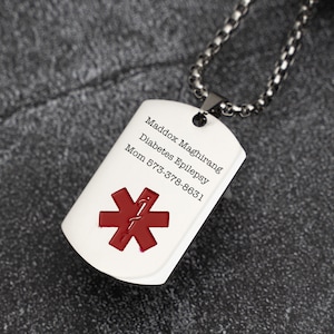 Personalized Stainless Steel Men&#39;s & Women&#39;s Medical Alert Necklace Engraved Medical ID Tag Emergency Med Alert Pendant Necklace
