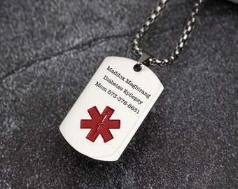 Personalized Stainless Steel Men&#39;s & Women&#39;s Medical Alert Necklace Engraved Medical ID Tag Emergency Med Alert Pendant Necklace