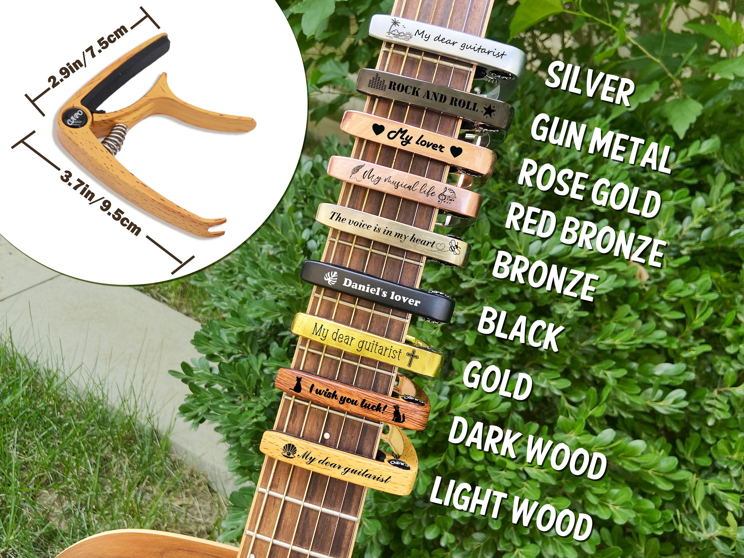 Personalized Wood Grain or Metal Guitar Capo,Custom Engraved guitar Lover Gift,Fathers Day Guitar Gift,Musician Gift Idea,Guitar Player Gift