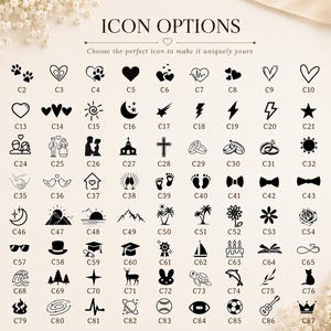 May include: A grid of 88 black icons labeled C1 through C88, featuring symbols like hearts, stars, animals, nature, sports, and wedding motifs. The text ICON OPTIONS is centered at the top, with Choose the perfect icon to make it uniquely yours below.