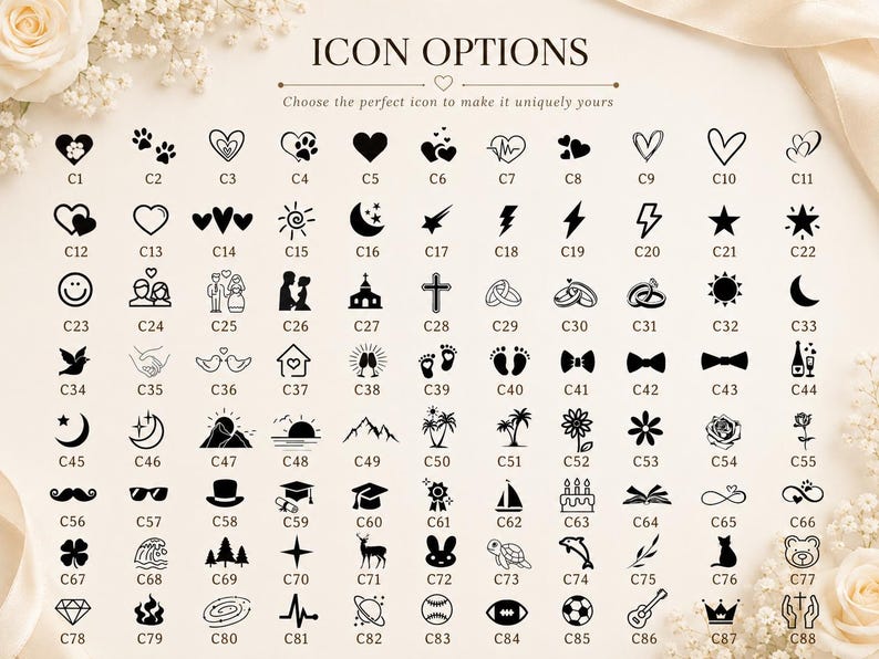 May include: A grid of 88 black icons labeled C1 through C88, featuring symbols like hearts, stars, animals, nature, sports, and wedding motifs. The text ICON OPTIONS is centered at the top, with Choose the perfect icon to make it uniquely yours below.