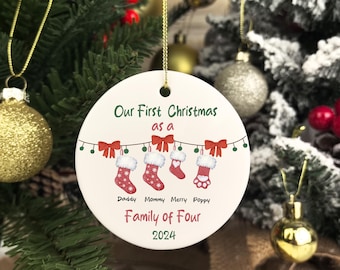 Personalised First Christmas as a Family of 3 4 5 Bauble，Baby 1st Xmas Tree Ornament，Stocking Family Bauble，New Parent Gift With Pet