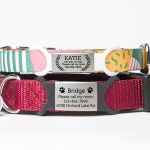 Puede incluir: Dos collares para perros con etiquetas met&aacute;licas personalizadas. El collar superior es verde, rosa y amarillo con una hebilla blanca. La etiqueta dice "KATIE Oh shit, I'm lost Please call my mom 720-352-7902". El collar inferior es rojo con una hebilla negra. La etiqueta dice "Bridge Please call my mom: 123-456-7899 6708 Orchard Lake Rd."