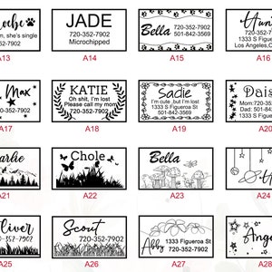 May include: A set of 28 black and white pet ID tags with different designs and text. The tags include names like Phoebe, Max, Bella, Hunter, Sadie, Daisy, Charlie, Chloe, Oliver, Scout, Abby, and Angel. Each tag has a phone number and some include an address.