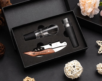 Personalized Wood Corkscrew Set,(Corkscrew,Stopper,Decanting Pourer),Wine Tool Box,Custom Wine Bottle Opener,Wine Lovers Gift,Brithday Gifts