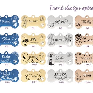 Puede incluir: Una selecci&oacute;n de 16 dise&ntilde;os diferentes de chapas para perros, cada uno con un gr&aacute;fico &uacute;nico y un nombre. Las chapas son en forma de hueso y est&aacute;n hechas de metal en acabados dorado, plateado y oro rosa. Los dise&ntilde;os incluyen un faro, un sol, una luna, flores y huellas de patas.