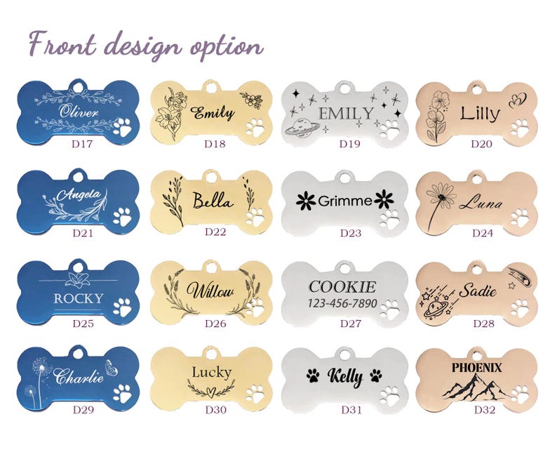 Puede incluir: Una selecci&oacute;n de 12 dise&ntilde;os diferentes de chapas para perros, cada uno con un dise&ntilde;o grabado &uacute;nico y forma de hueso. Las chapas son de metal y vienen en una variedad de colores, incluyendo plata, oro, azul y oro rosa. Los dise&ntilde;os incluyen patrones florales, estrellas, huellas de patas y m&aacute;s.