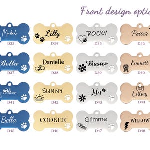 Puede incluir: Un conjunto de 12 dise&ntilde;os de etiquetas para perros en forma de hueso con diferentes nombres y s&iacute;mbolos. Las etiquetas est&aacute;n hechas de metal y vienen en colores dorado, plateado y azul. Las etiquetas est&aacute;n numeradas del D33 al D48.