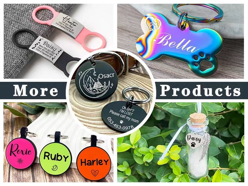 Puede incluir: Surtido de etiquetas para mascotas personalizadas en varias formas, colores y dise&ntilde;os. Las etiquetas incluyen una etiqueta con forma de hueso con el nombre "Bella" en colores arco&iacute;ris, una etiqueta redonda con una escena de monta&ntilde;a y el nombre "Oscar", una etiqueta redonda con el nombre "Roxie" en rosa, una etiqueta redonda con el nombre "Ruby" en verde, una etiqueta redonda con el nombre "Harley" en naranja, y un peque&ntilde;o frasco de vidrio con el nombre "Daisy" y una huella de pata.