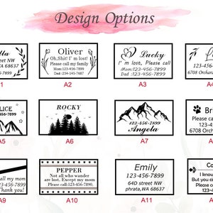 May include: A set of 12 different designs for personalized pet ID tags. Each design features a different name, phone number, and graphic. The graphics include a heart, mountains, a paw print, a crescent moon, a bow, a tree, and a star.