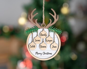 Adorno navideño familiar personalizado con nombres grabados, adorno personalizado para árbol de Navidad, adorno para mascota para regalo de Navidad.