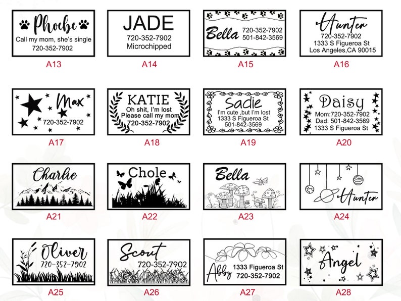 K&ouml;nnte beinhalten: Ein Satz von 28 schwarzen und wei&szlig;en Haustier-ID-Tags mit verschiedenen Designs und Texten. Die Tags beinhalten Namen wie Phoebe, Max, Bella, Hunter, Sadie, Daisy, Charlie, Chloe, Oliver, Scout, Abby und Angel. Jedes Tag hat eine Telefonnummer und einige beinhalten eine Adresse.