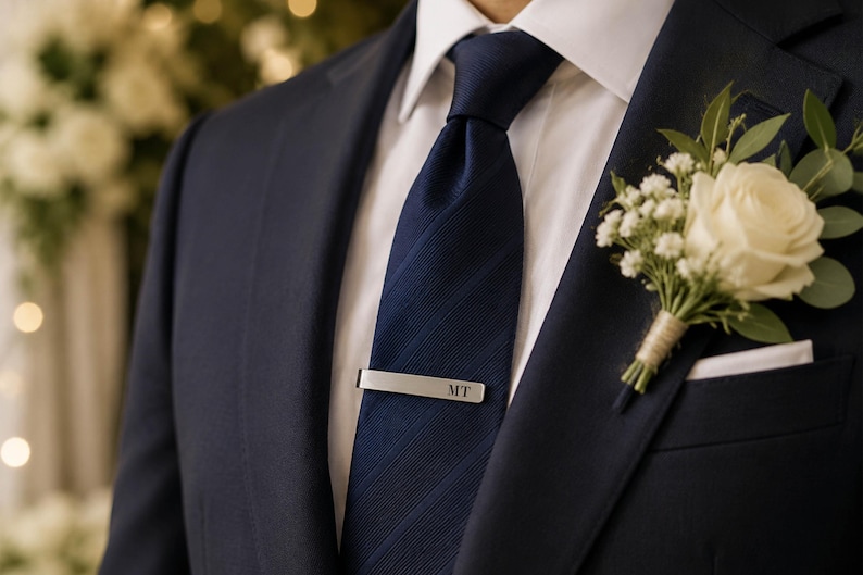 May include: A navy blue suit jacket worn over a crisp white collared shirt and a dark blue diagonal-striped necktie. A silver-toned metal tie bar engraved with the letters MT is clipped to the tie. A white rose boutonniere is pinned to the lapel.
