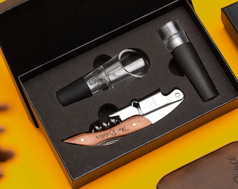 Juego de regalo de vino personalizado, caja de herramientas para vino, juego de sacacorchos de madera (sacacorchos, tapón, vertedor decantador), abridor de botellas de vino personalizado, regalo para amantes del vino