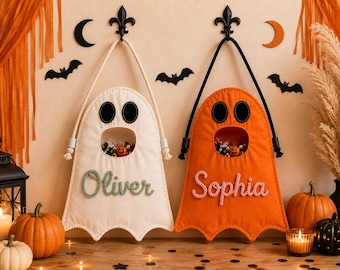 Custom Name Ghost Halloween Bag, Personalized Trick or Treat Candy Tote for Kids, Reusable Halloween Party Gift