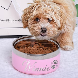 K&ouml;nnte beinhalten: Rosa personalisierter Edelstahl-Hundenapf mit dem Namen Winnie und Pfotenabdr&uuml;cken. Die Sch&uuml;ssel ist mit Hundefutter gef&uuml;llt und ein kleiner Hund schaut in die Sch&uuml;ssel.