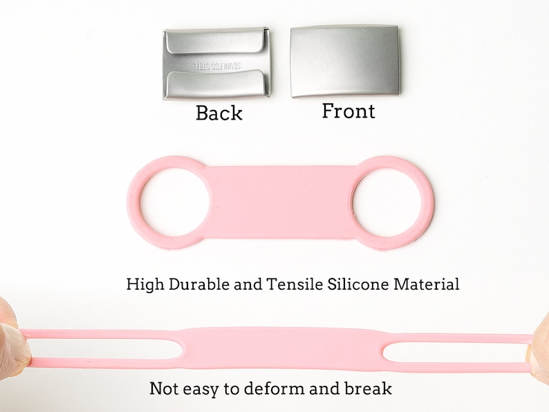 Puede incluir: Correa de silicona rosa con dos bucles, dise&ntilde;ada para ser duradera y resistente a la deformaci&oacute;n. La correa se muestra estirada, demostrando su flexibilidad. El texto "High Durable and Tensile Silicone Material" y "Not easy to deform and break" es visible debajo de la correa.