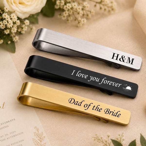 Barra de corbata grabada personalizada, clip de corbata grabado, regalo personalizado para padrinos de boda, regalo para el padre de la novia, regalo personalizado para hombres, alfiler de corbata