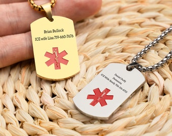Personalized Medical Alert Necklace for Men, Custom Engraved Stainless Steel Pendant Emergency ID Tags Medical Alert Jewelry，Medical ID Tag